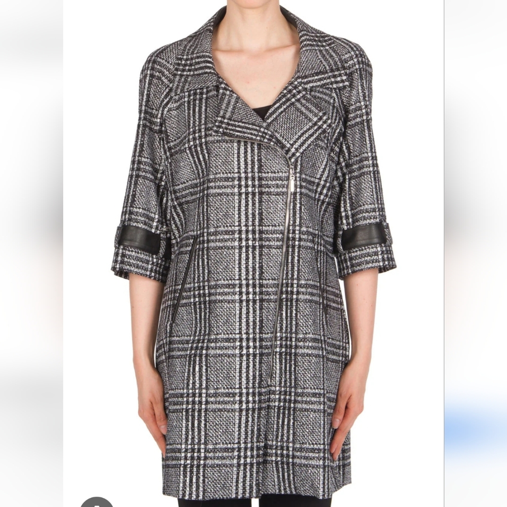 Joseph Ribkoff Black and Silver Plaid Trench Coat Size 8